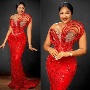 2024 African Plus Size Prom -jurken voor speciale gelegenheden Red Long Evening Jurken Mermaid Kralen Lace Rhinestones Birthday Dress voor Nigeria Black Women AM501