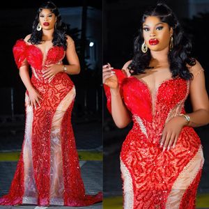 2024 African Plus Size beltimen Rode prom -jurken voor zwarte vrouwen elegante avondjurken voor speciale gelegenheden pure nek kanten verjaardagsjurken verlovingsjurk am519