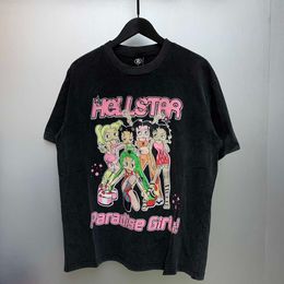 2024 American High Street Hip-Hop Vintage Cartoon Side Face Hell Star Imprimé Mens et femmes T-shirt à manches courtes ajustées en vrac