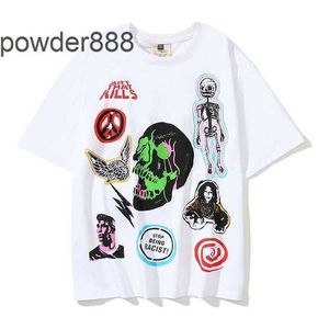 2024 American Summer New High Street Malf Masheve Flame Flame Skull Print Hip Hop Loose Short T-shirt