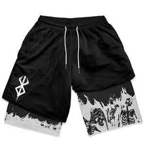 2024 anime berserk 2 in 1 sportschool shorts voor mannen actieve atletische compressiekorts 5 inch snel droge rekbare training fitness 240412