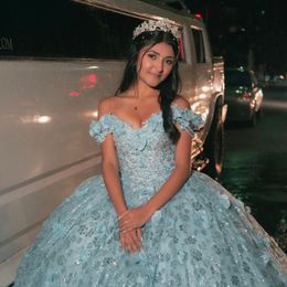 2024 Aqua Blue Luxe princesse Quinceanera Robes 3D Floral Applique Perles Tulle Hors Épaule Agitation Corset vestidos de 15 anos