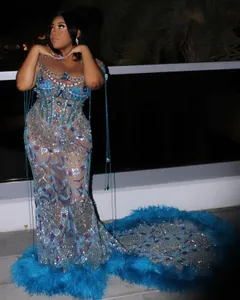 2024 Arabische Aso Ebi Blue Mermaid Prom Dresses Laferende kristallen Feather Evening Formeel feest tweede verjaardagsreceptie