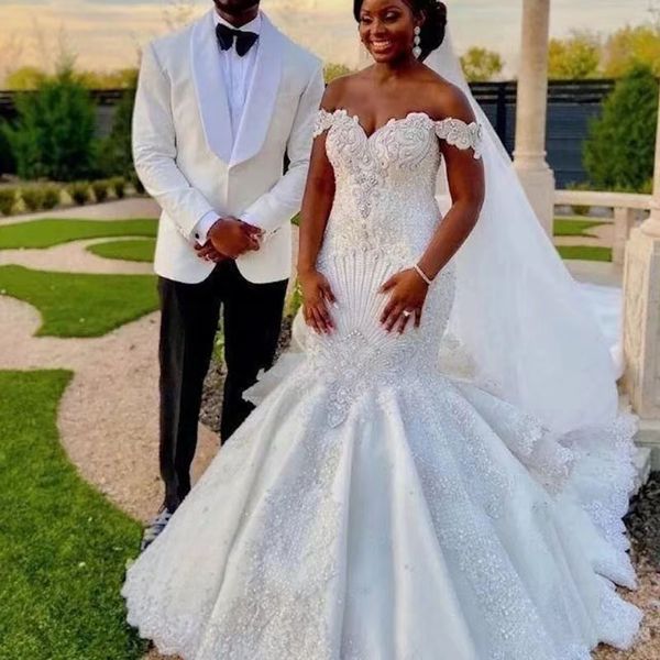 2024 Árabe Aso Ebi por encargo sirena africana vestidos de novia para la novia de lujo trabajo hecho a mano más tamaño fuera del hombro cuentas de encaje novia vestidos de novia Vestido de Novia