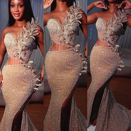 2024 Arabische Aso Ebi Mermaid Champagne Prom Dresses kristallen avond formeel feest tweede receptie verjaardag verloving jurken jurk 0517 0518
