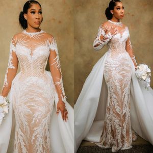 2024 arabe Aso Ebi grande taille Illusion sirène ivoire robe de mariée perlée paillettes dentelle robes de mariée robes ZJ033