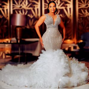 2024 arabe Aso Ebi grande taille ivoire luxueux sirène robe de mariée perles cristaux niveaux Tulle robes de mariée robe ZJ102