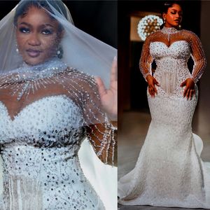 2024 arabe aso ebi plus taille ivoire robe de mariée luxueuse Crystals Crystals de mariée à paillettes de perles Robes ZJ222