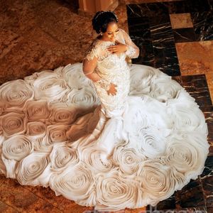 2024 arabe aso ebi plus taille luxueuse ivoire sirène robe de mariée en dentelle cristaux de perles