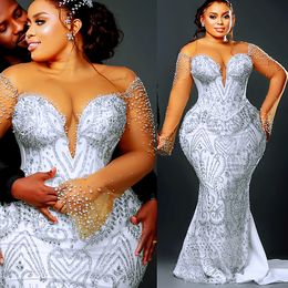 2024 arabe aso ebi plus taille luxueuse robes de mariée sirène blanche cristaux perlés