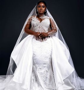 2024 arabe aso ebi plus taille blanche luxueuse sirène robe de mariée cristaux de perles de serpentine moustiquable robes de mariée sexy