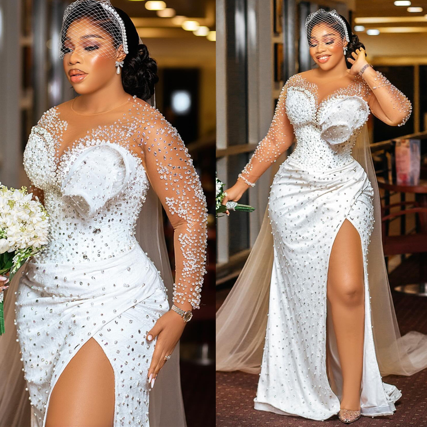 2024 Arabic Aso ebi Plus Size White Rustious Mermaid Wedding Dress Жемчужина кристаллы высокие расщепленные свадебные платья ZJ0266