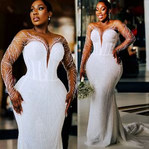 2024 Arabische Aso Ebi Plus Size Witte Zeemeermin Kralen Trouwjurk Lovertjes Kant Sheer Hals Bruidsjurken Jurken ZJ202