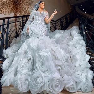 2024 Arabische aso ebi witte zeemeermin trouwjurk kristallen kristallen kanten afneembare trein bruidsjurken jurken jurken
