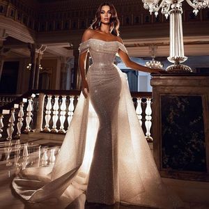 2024 Arabe Bling Mermaid Robes de mariée épaule avec des perles longues détachables appliqués nouvelles robes de fête de mariage plus taille Robe de Mariee 403