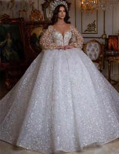 2024 Arabische Dubai Luxe trouwjurk Glitter Beading lange mouwen lovertjes baljurk bruids bruid jurken gewaad de mariage vestido de noivas