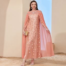 2024 Arabische Dubai Moeder van de bruid jurken nieuw feest elegant v nek court trein chiffon lange mouwen met kralen plus size lovertjes roze prom avondjurken 0510