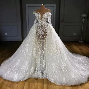 Robe de mariée sirène arabe, avec traîne détachable, manches longues, perles, dentelle appliquée, 2024