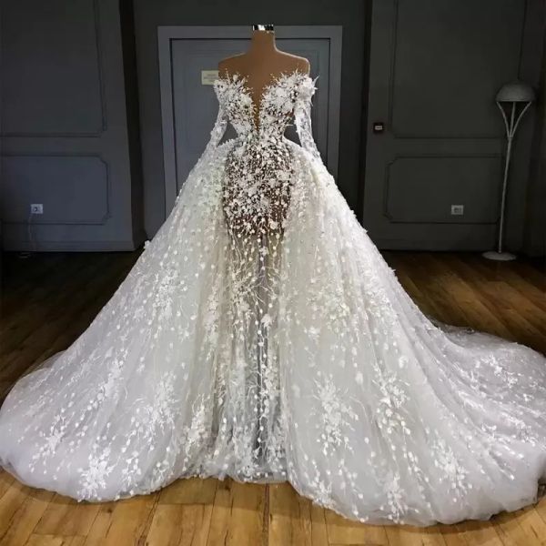 2024 Vestidos de novia de sirena árabe Vestidos de novia con tren desmontable Perlas de manga larga Bata con apliques de encaje
