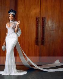 Robe de mariée sirène avec nœud détaché, maille, perles, manches longues transparentes, grande taille, fête de mariée, nouvelle collection 2024