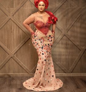 2024 Aso EB Red Illusion Mermaid Prom jurk kralen pure nekavond formeel feest tweede receptie verjaardag verloving jurken jurken jurken robe de soiree zj352