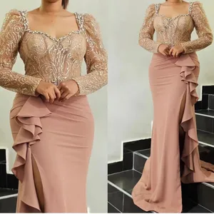 2024 Aso ebi Arabische blush roze zeemeermin De bruid jurken kant kralen avond prom Formal Party verjaardag beroemdheid moeder van bruidegomjurken jurk zj048 0517