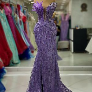 2024 Aso Ebi Arabische lavendel Mermaid Prom jurk Kristallen Feather Evening Formele feest tweede receptie Verjaardag verlovingsjurken Jurken Robe de Soiree ZJ27