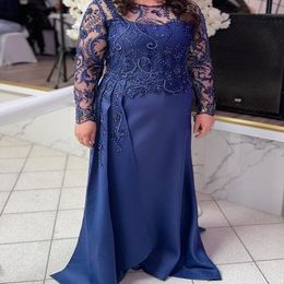 2024 Aso ebi Arabisch marineblauw rechtstreeks de bruid jurken satijnen kralen kant -avond prom Formal Party Birthday Celebrity moeder van bruidegradenjurken jurk zj045