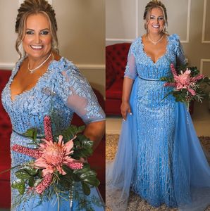 2024 ASO Ebi Sky Blue Skin Sirène les robes de mariée en dentelle Prom Prom Prom Fête d'anniversaire Célébreuse Mother of Groom Robes ZJ056