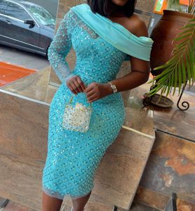 2024 ASO EBI Arabe Sky Bleu Sage mère de la mariée Robes à paillettes en dentelle Prom Prom formel Party Birthday Celebrity Mother of Groom Robes Hobe ZJ049