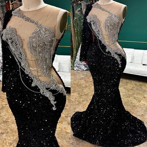 2024 ASO EBI Black Sirène Prom Dress Crystals Crystals Paille Fête de soirée Deuxième réception Robes de fiançailles d'anniversaire Robe de Soiree ZJ25