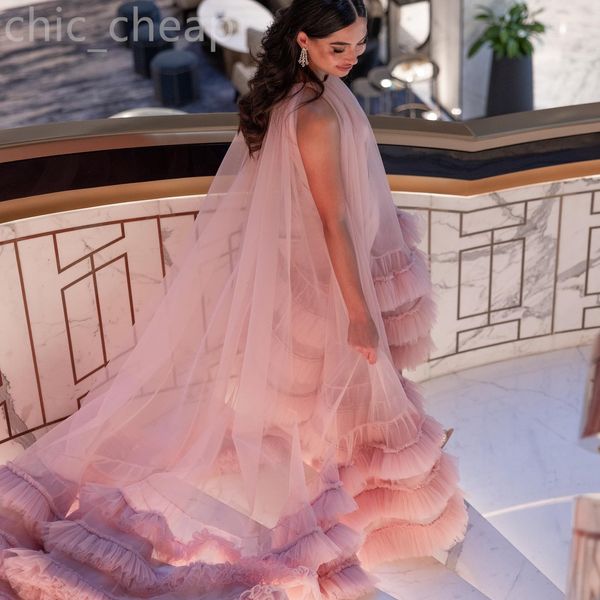 2024 Aso Ebi Blush Pink Una línea de vestido de fiesta Tulle Tiers Noche Fiesta formal Segunda recepción 50.o Cumpleaños Vestidos de compromiso Vestidos Robe De Soiree ZJ86