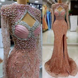 2024 ASO Ebi Blush Pink Mermaid Dress Pearls Pearls Crystals High Divir Formal Formal Segunda recepción Vestidos de compromiso de cumpleaños Vestidos Robe de Soiree ZJ45