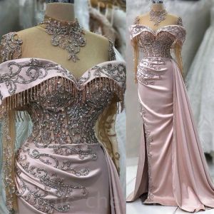 2024 ASO EBI Champagne Sirène Prom Prom Crystals Crystals Lace Night Formal Fête Deuxième réception Robes de fiançailles d'anniversaire habillé Robe de Soiree
