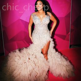 2024 ASO EBI Champagne Sirène Prom Vobe Dress Crystals Crystals Tiers Soirée Fête Forme Deuxième réception Robes de fiançailles d'anniversaire Robe de Soiree ZJ383