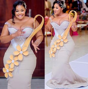 2024 ASO EBI Champagne Sirène Robe de bal Perls Perls Satin Soirée formelle Fête Deuxième réception Robes de fiançailles d'anniversaire Robe de Soiree ZJ378