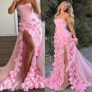 2024 Aso Ebi Florals Roze A-Line Prom jurk TULLE HOOG SPLAND AVOND FORMELE PARTY Tweede receptie 50e verjaardag verlovingsjurken Jurken Robe de Soiree ZJ3168