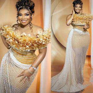 2024 Aso Ebi Gold Illusion Mermaid Prom jurk lovertjes veren avond formeel feest tweede receptie