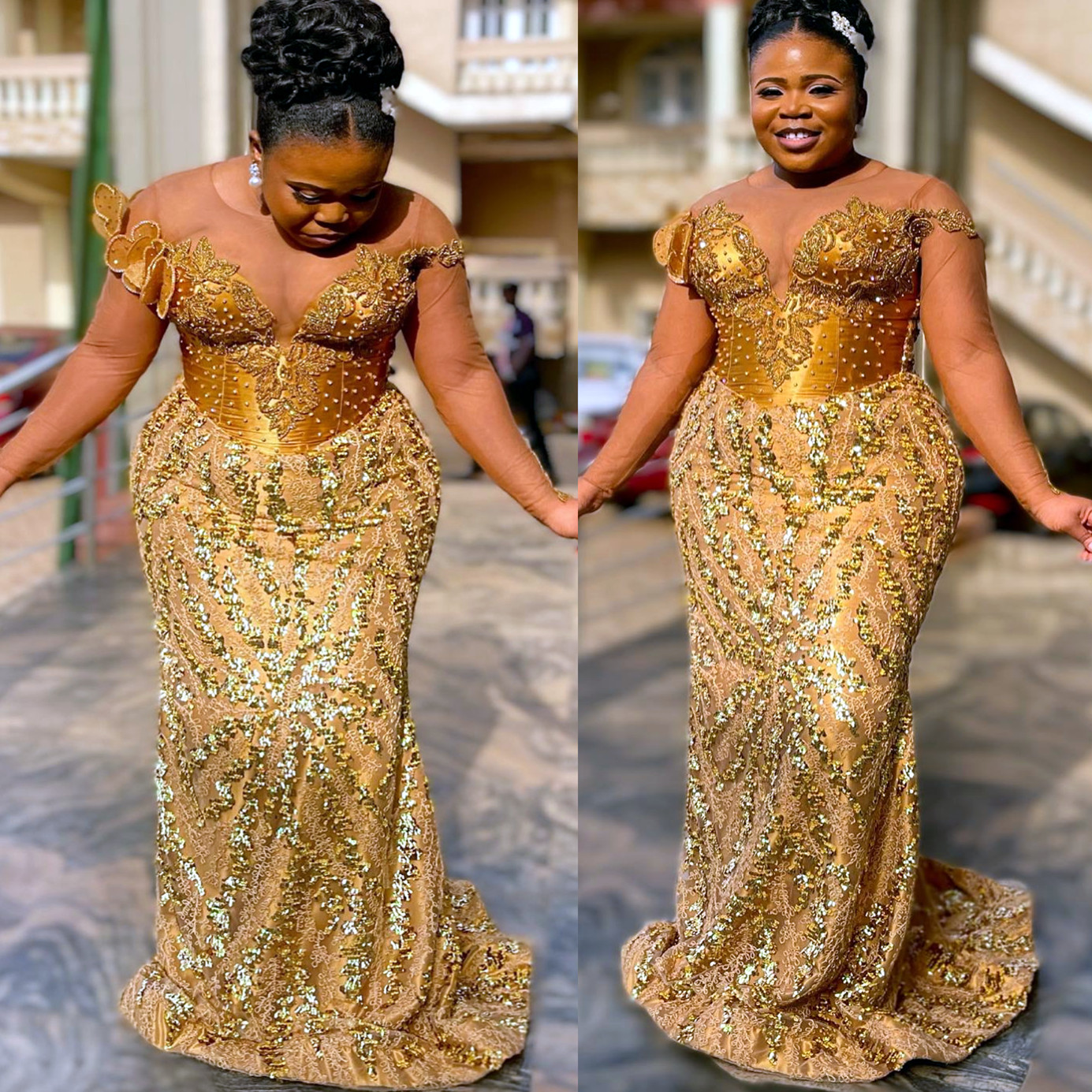 2024 Aso Ebi Gold Mermaid Prom Dress Beaded Sequined Lace Evening Formal Party Second Reception 50th Birthday Engagement Gowns Dresses Robe De Soiree ZJ97