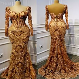 2024 ASO EBI Gold Mermaid Dress Pearls Lace Luxurious Evening Party Formal Segunda recepción 50 ° cumpleaños Vestidos de vestidos Robe de Soiree ZJ325