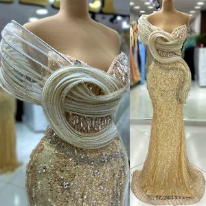 2024 Aso Ebi Gold Mermaid Vestido de fiesta Perlas Cristales Lentejuelas Noche Fiesta formal Segunda recepción Cumpleaños Vestidos de compromiso Vestidos Robe De Soiree ZJ47