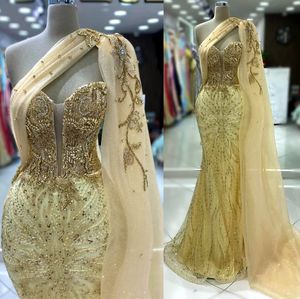 2024 ASO EBI Gold Sirène Prom Robe Crystals de dentelle à paillettes Péris de soirée Péris formelle Deuxième réception Robes de fiançailles d'anniversaire Robe de Soiree ZJ08