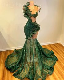 2024 Aso Ebi Green Mermaid Prom jurk kristallen lovertjes Lace Evening formeel feest tweede receptie verjaardag verloving jurken jurken jurken robe de soiree zj100