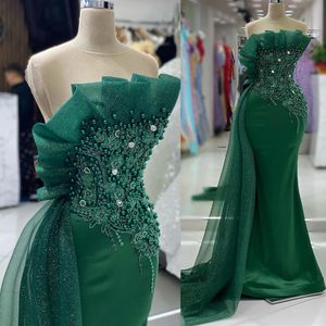 2024 Aso Ebi vert sirène robe de bal perles cristaux satin soirée formelle fête deuxième réception anniversaire robes de fiançailles robes robe de soirée ZJ82