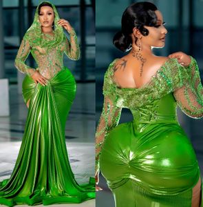 2024 ASO EBI Green Sirène Robe de bal pailled Lace Illusion Soirée Fête Forme Deuxième réception 50e anniversaire Robes de fiançailles Robe de Soiree ZJ308