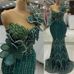 2024 Aso Ebi Hunter Green Mermaid Prom Dress Crystals Crystals paillettes Soirée formelle Fête Deuxième réception Robes de fiançailles d'anniversaire Robe de Soiree ZJ87