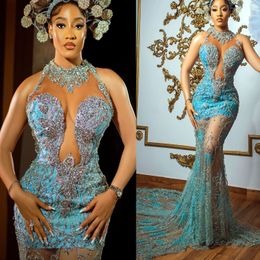 2024 Aso Ebi Ice Blue Mermaid Prom jurk kristallen zien door de avond formeel feest tweede receptie verjaardag verlovingsjurken jurken robe de soiree zj393