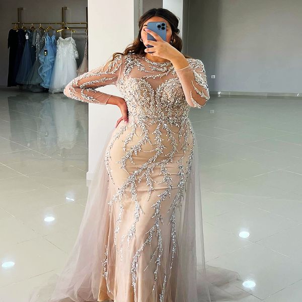 2024 Aso Ebi Illusion Champagne Sirena Vestido de fiesta Lentejuelas con cuentas Noche Fiesta formal Segunda recepción 50 cumpleaños Vestidos de compromiso Vestidos Robe De Soiree ZJ75