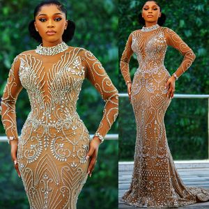 2024 Aso Ebi Illusion Sirène Prom Dress Crystals Crystals Luxurious Night Formal Party Deuxième réception 50e anniversaire Robes de fiançailles Robe Robe de Soiree ZJ34