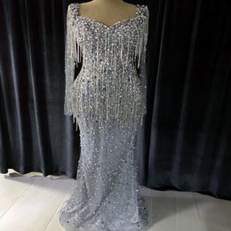 2024 ASO EBI Luxurious sier siert sirmaid Prom Dress Crystals Crystals Soirée Fête formelle Deuxième réception 50e anniversaire Robes de fiançailles robes Robe de Soiree ZJ317
